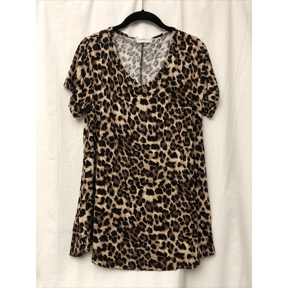 Larace Women's V-Neck Leopard Print Short‎ Sleeve Swing Tunic Top - Size L
